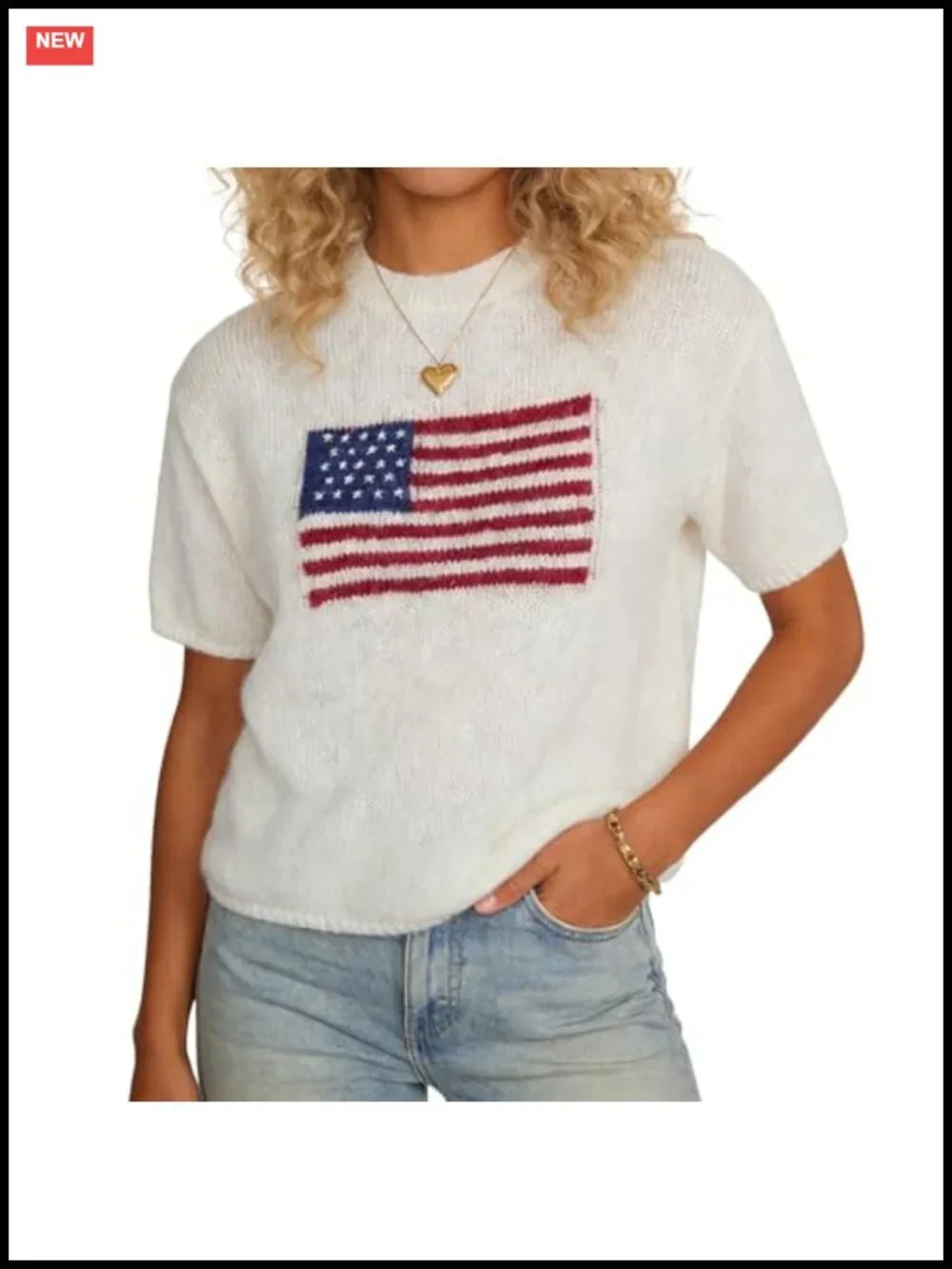 USA Flag Knit Sweater Short Sleeve Crewneck Patriotic Pullover